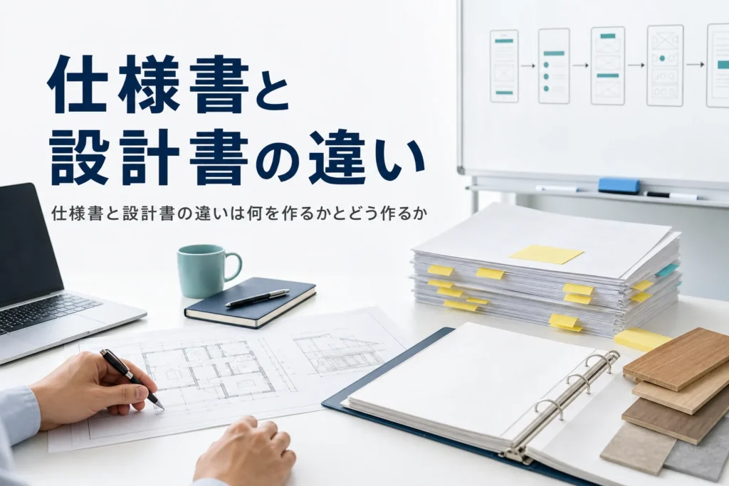 仕様書と設計書の違いを解説する記事のアイキャッチ。机に並んだ仕様書と設計の図