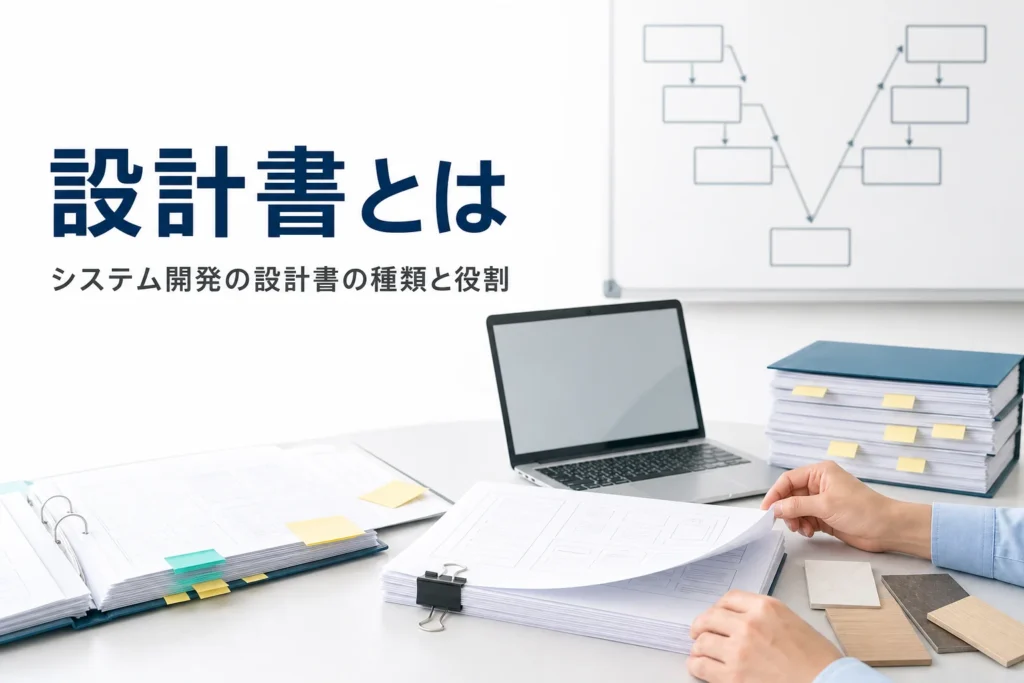 システム開発の設計書の意味と種類、役割を解説する記事のアイキャッチ。机の上の設計書の束とノートPC