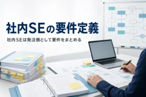 社内SEの要件定義の仕事を紹介する記事のアイキャッチ。情報システム部門の机の要件定義書とノートPC