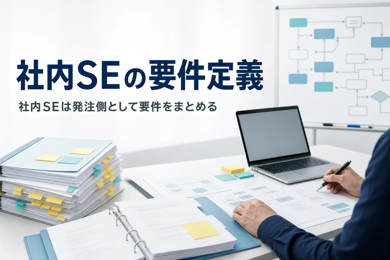 社内SEの要件定義の仕事を紹介する記事のアイキャッチ。情報システム部門の机の要件定義書とノートPC