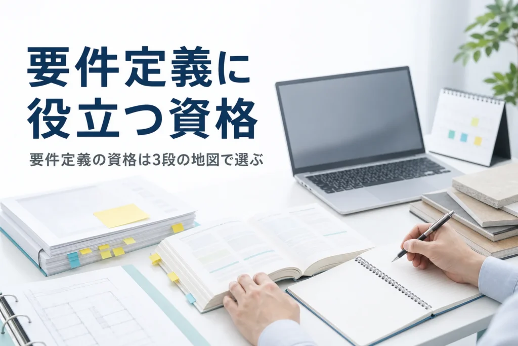 要件定義に役立つ資格の選び方を紹介する記事のアイキャッチ。机の上の参考書と要件定義書