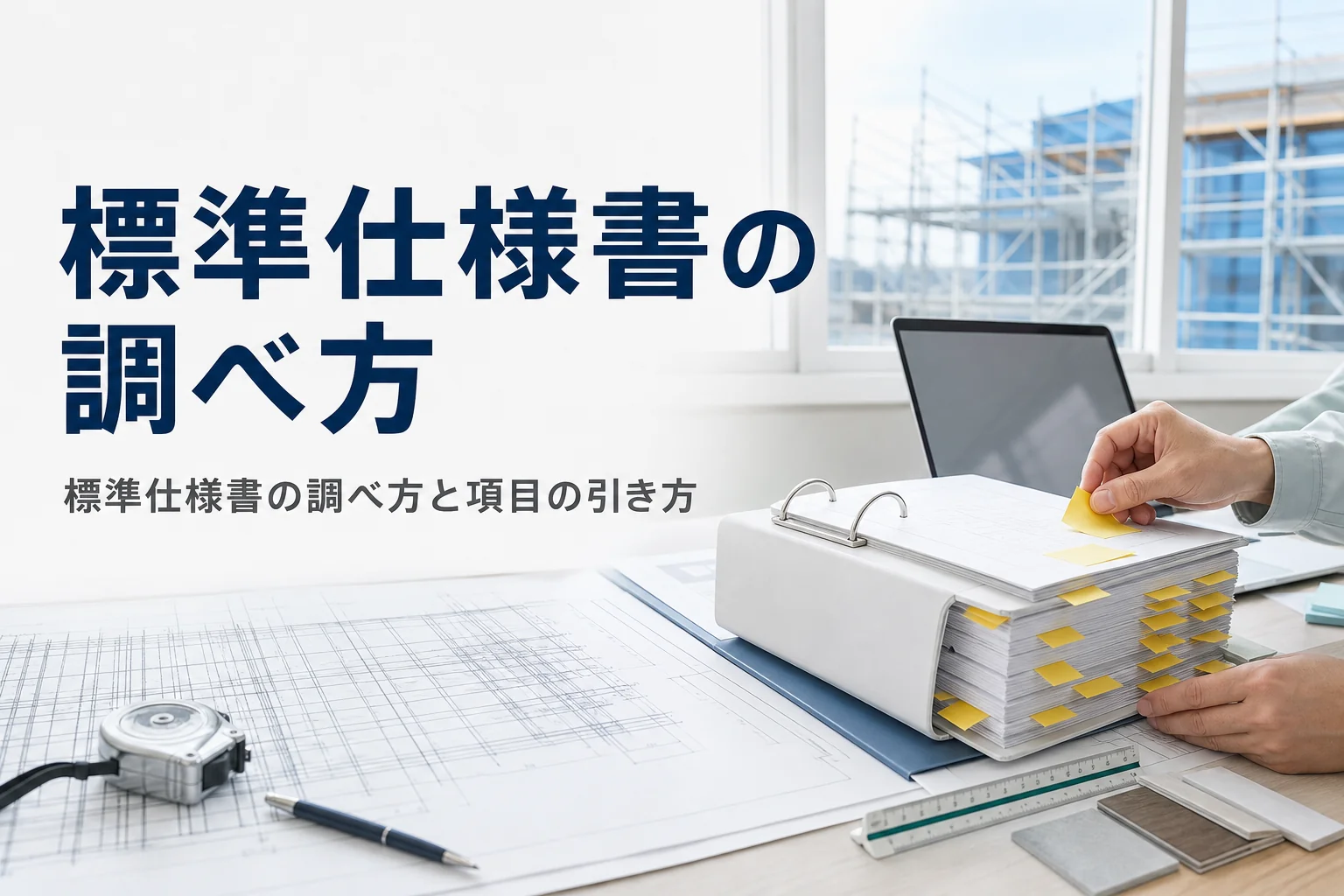 標準仕様書の調べ方を紹介する記事のアイキャッチ。現場事務所の机に置かれた付箋だらけの仕様書と図面