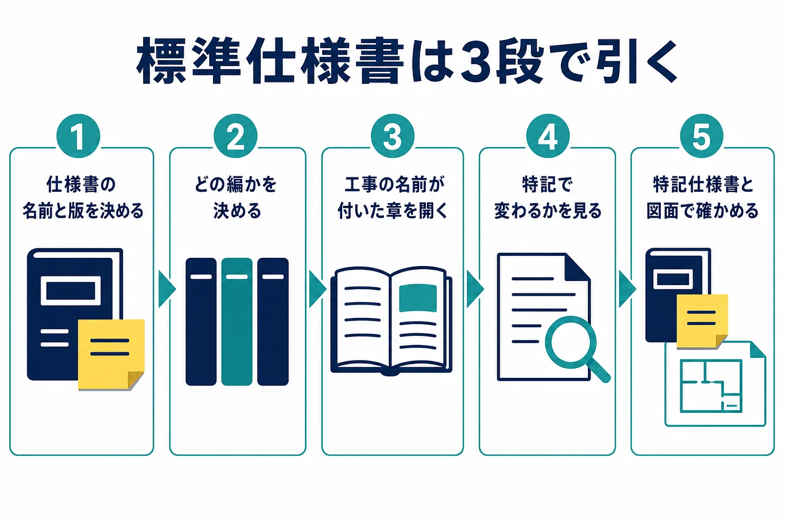 知りたい項目を、どの編、どの章、特記で変わるかの3段で引く手順を示した図