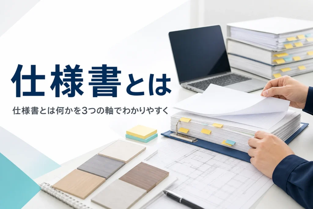 仕様書とは何かを意味と目的から解説する記事のアイキャッチ。机の上の仕様書の束とノートPC、図面