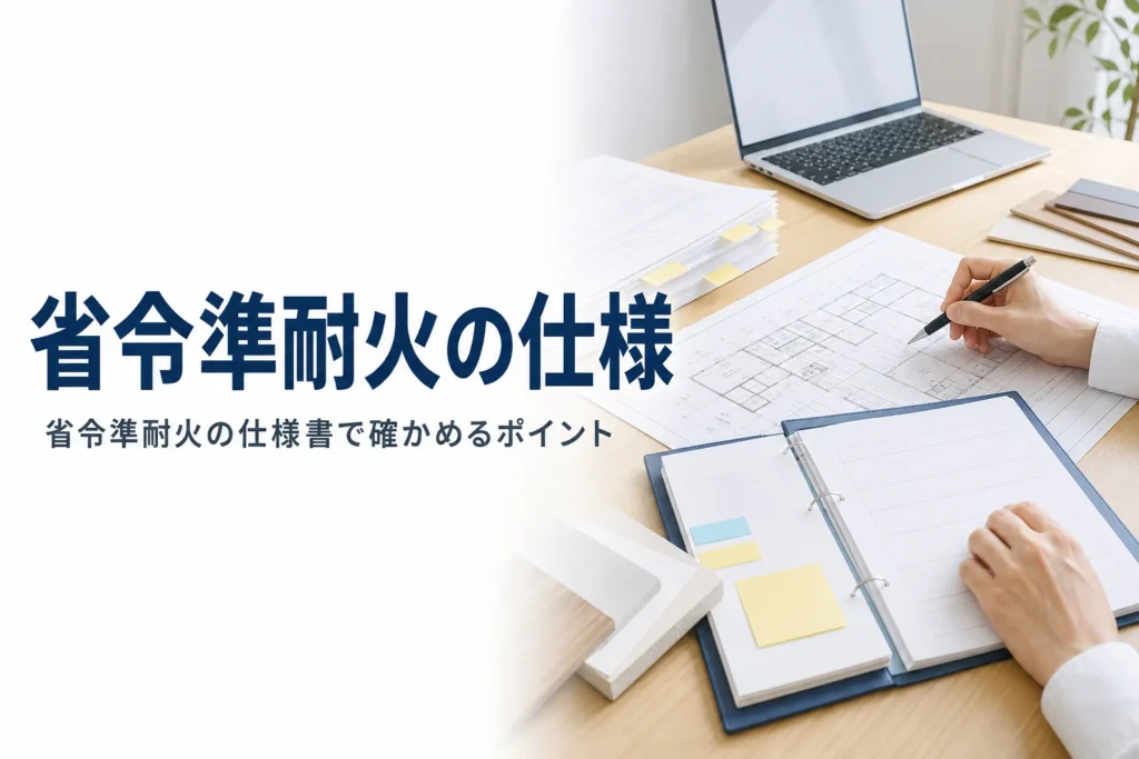 省令準耐火構造の仕様とは何か、仕様書で確かめるポイントを紹介する記事のアイキャッチ。打合せテーブルの図面と仕様書