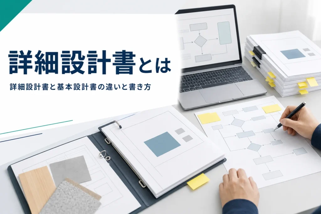詳細設計書の意味と基本設計書との違い、書き方を解説する記事のアイキャッチ。フローチャートと設計書が並ぶ机