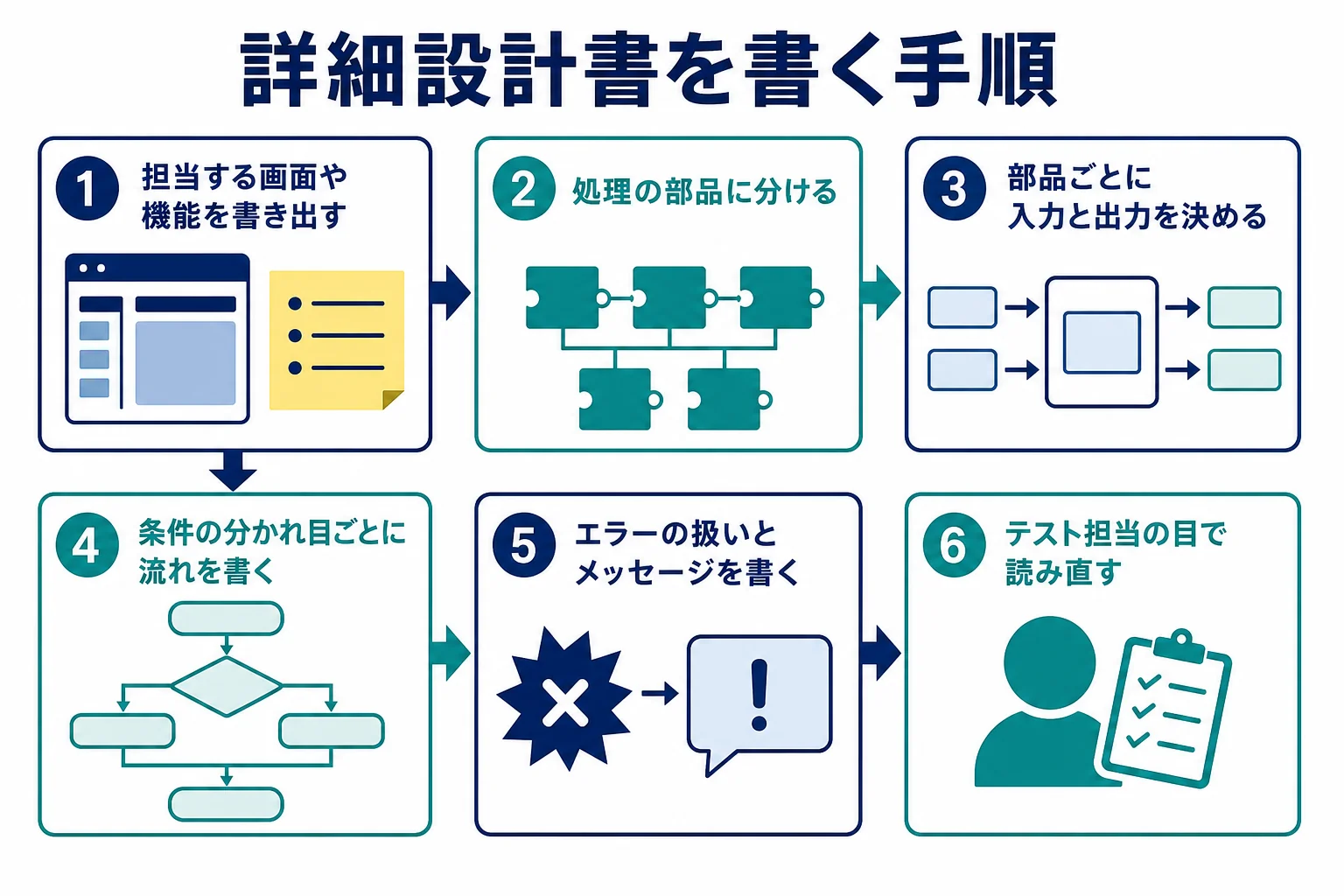 詳細設計書を書く手順を、担当範囲の書き出しからテスト担当の目での読み直しまで順に並べた図解