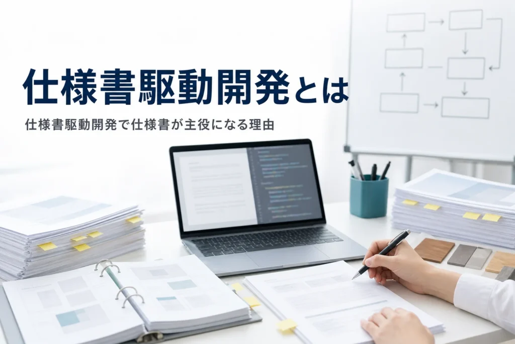 仕様書駆動開発とは何か、AI時代の開発で仕様書が主役になる理由を紹介する記事のアイキャッチ。机の上の仕様書とノートPC