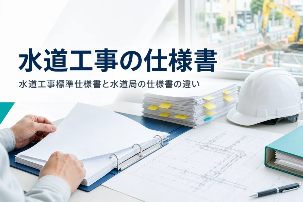 水道工事標準仕様書と水道局の仕様書の違いを紹介する記事のアイキャッチ。現場事務所の机の図面と仕様書
