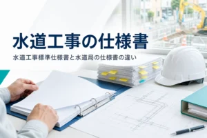 水道工事標準仕様書と水道局の仕様書の違いを紹介する記事のアイキャッチ。現場事務所の机の図面と仕様書