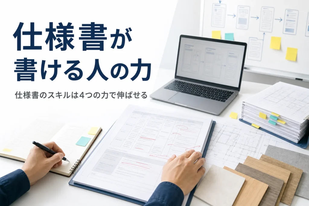 仕様書を書くスキルの伸ばし方を紹介する記事のアイキャッチ。メモと赤ペンで直した仕様書が並ぶ机