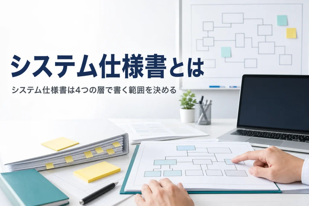 システム仕様書の書く範囲と要件定義書・設計書との関係を解説する記事のアイキャッチ。オフィスの机のシステム構成図とノートPC