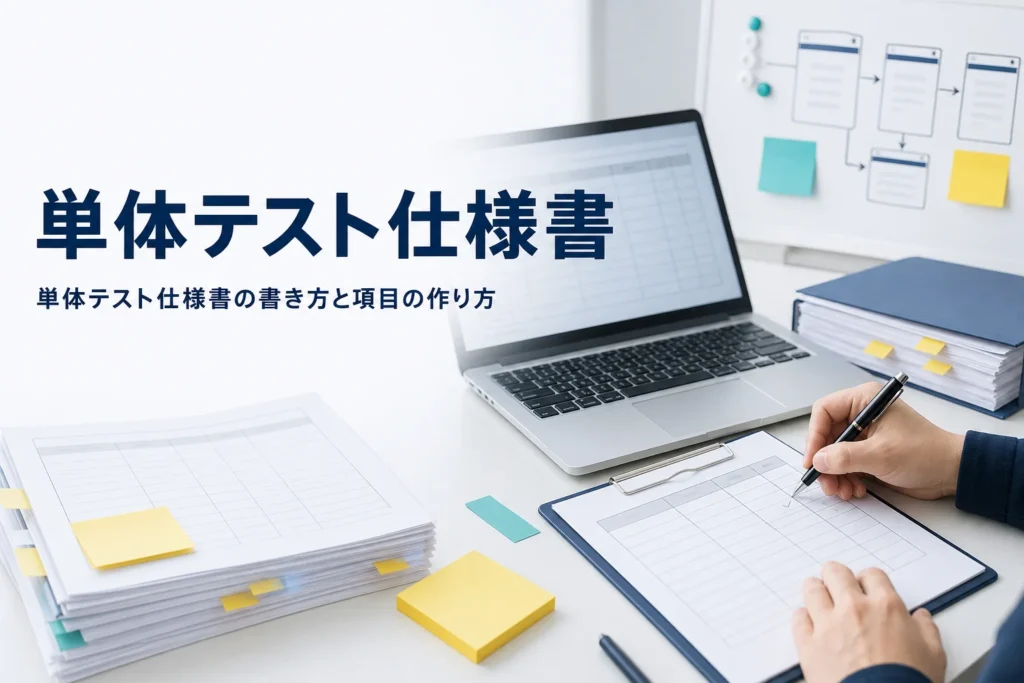 単体テスト仕様書の書き方とテスト項目の作り方を紹介する記事のアイキャッチ。机の上の表の書類とノートPC