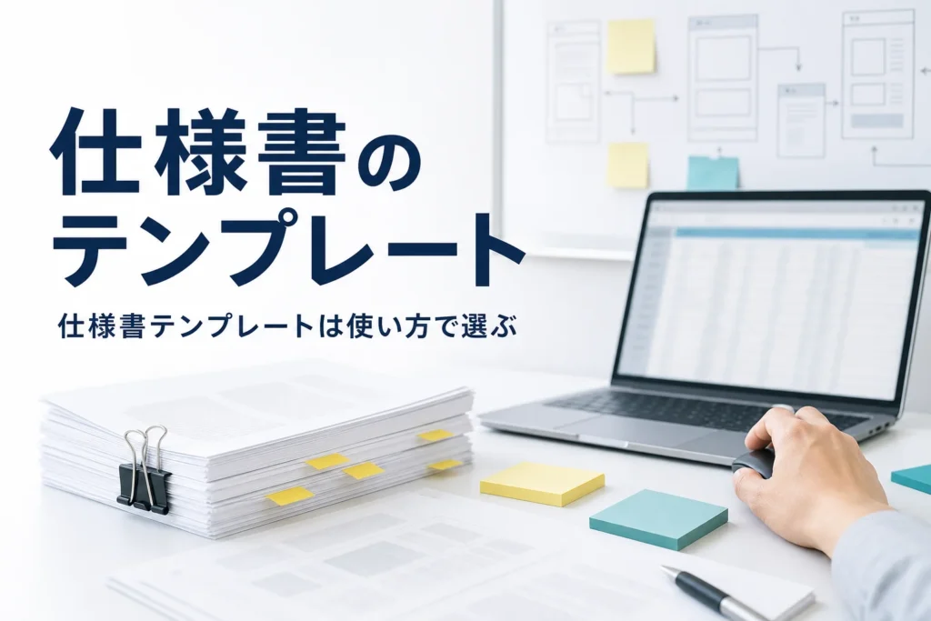 仕様書のテンプレートの選び方と使い方を紹介する記事のアイキャッチ。机のノートPCと印刷した文書