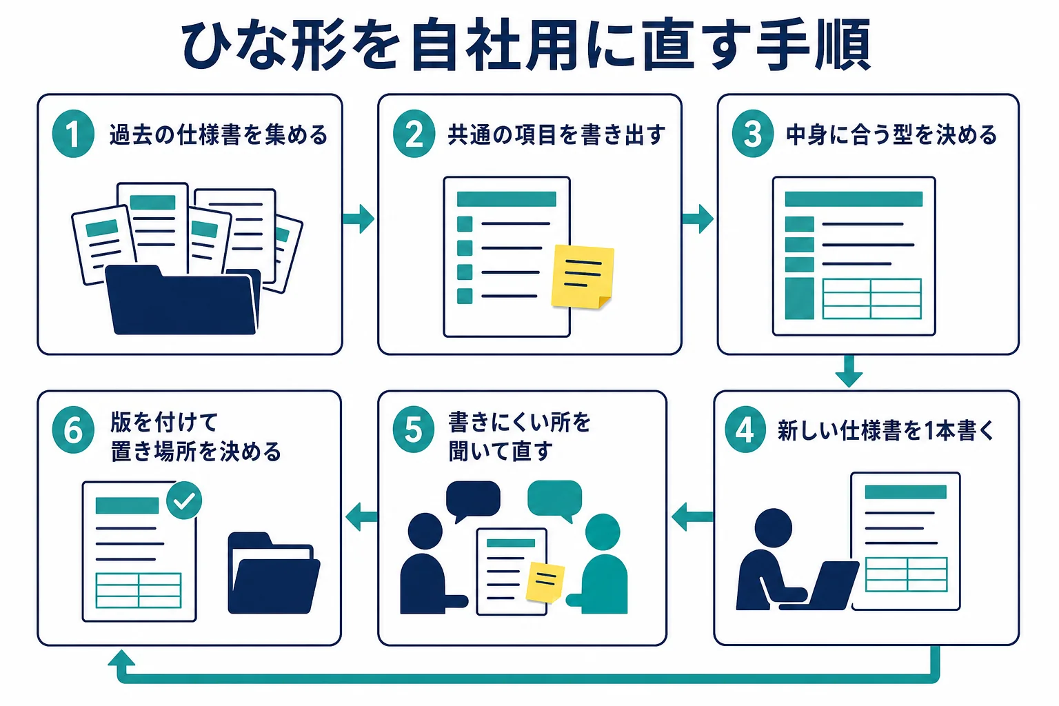 仕様書のテンプレートを自社用に直す手順を、過去の仕様書を集める所から置き場所を決める所まで順に示した図解
