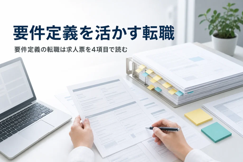 要件定義・設計の経験を活かす転職を紹介する記事のアイキャッチ。机に求人票と要件定義書、ノートPCが並ぶ