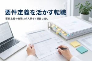 要件定義・設計の経験を活かす転職を紹介する記事のアイキャッチ。机に求人票と要件定義書、ノートPCが並ぶ