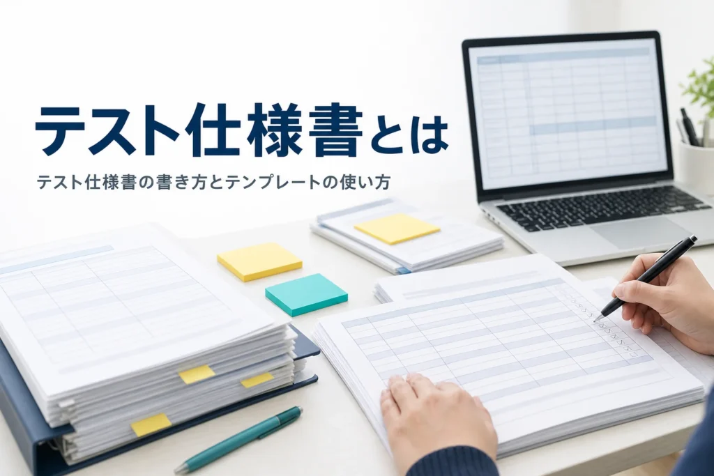 テスト仕様書とは何か、書き方とテンプレートの使い方を紹介する記事のアイキャッチ。机の上の表の書類とノートPC