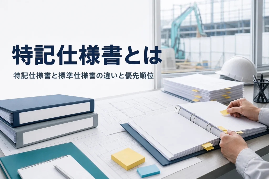特記仕様書とは何か、標準仕様書との違いと優先順位を紹介する記事のアイキャッチ。現場事務所の図面と仕様書