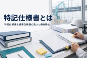 特記仕様書とは何か、標準仕様書との違いと優先順位を紹介する記事のアイキャッチ。現場事務所の図面と仕様書