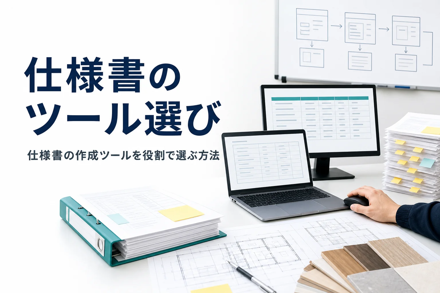 仕様書の作成ツールの選び方を紹介する記事のアイキャッチ。オフィスの机のノートPCと書類、ホワイトボードの図