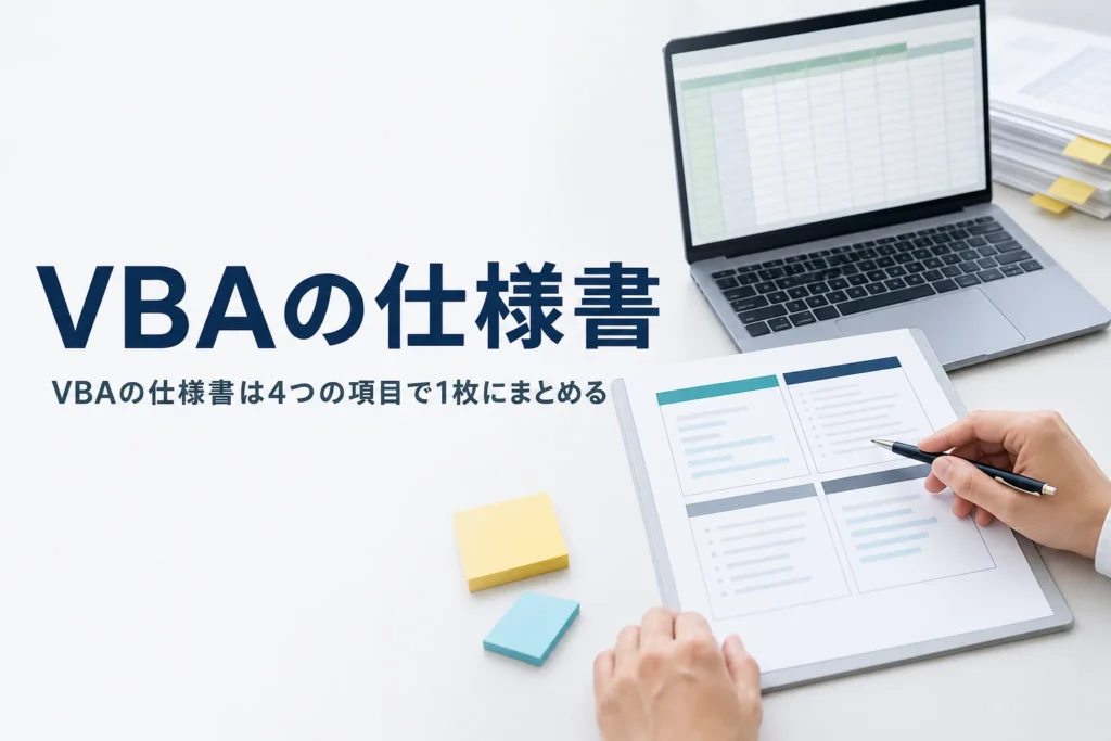 Excel VBAや業務ツールの仕様書の書き方を解説する記事のアイキャッチ。オフィスの机のノートPCと1枚の書類