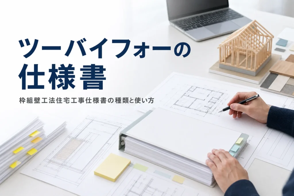 枠組壁工法住宅工事仕様書（ツーバイフォー）とは何か、種類と使い方を紹介する記事のアイキャッチ。打合せテーブルの図面と仕様書