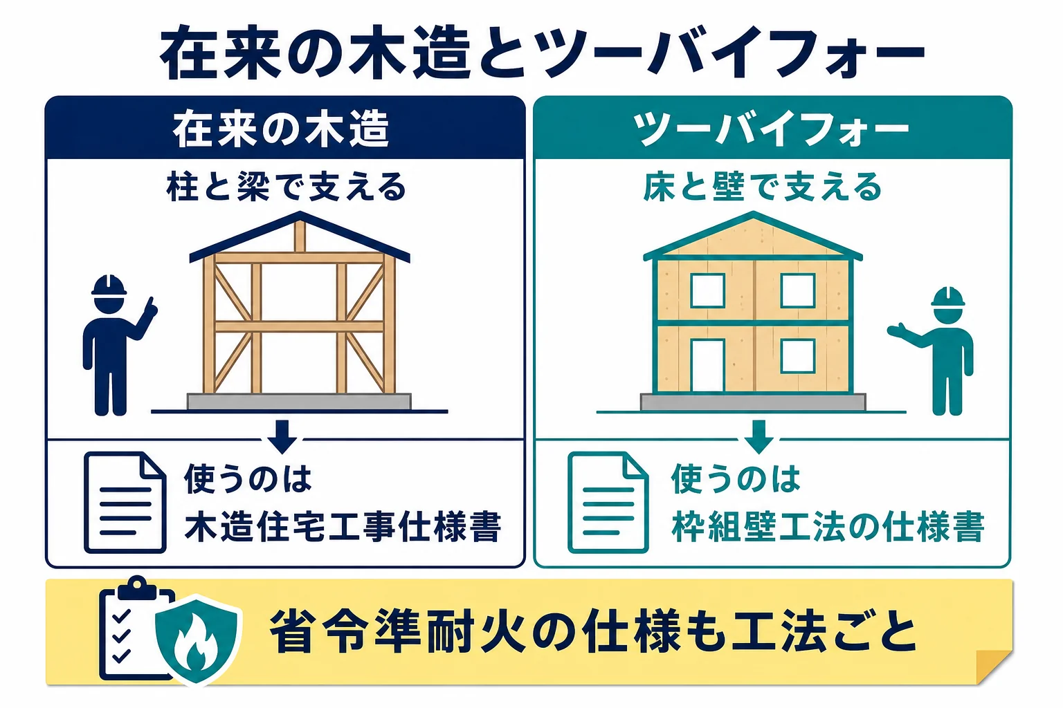 在来の木造と枠組壁工法を、骨組み・使う仕様書・確かめる所の3つで比べた図
