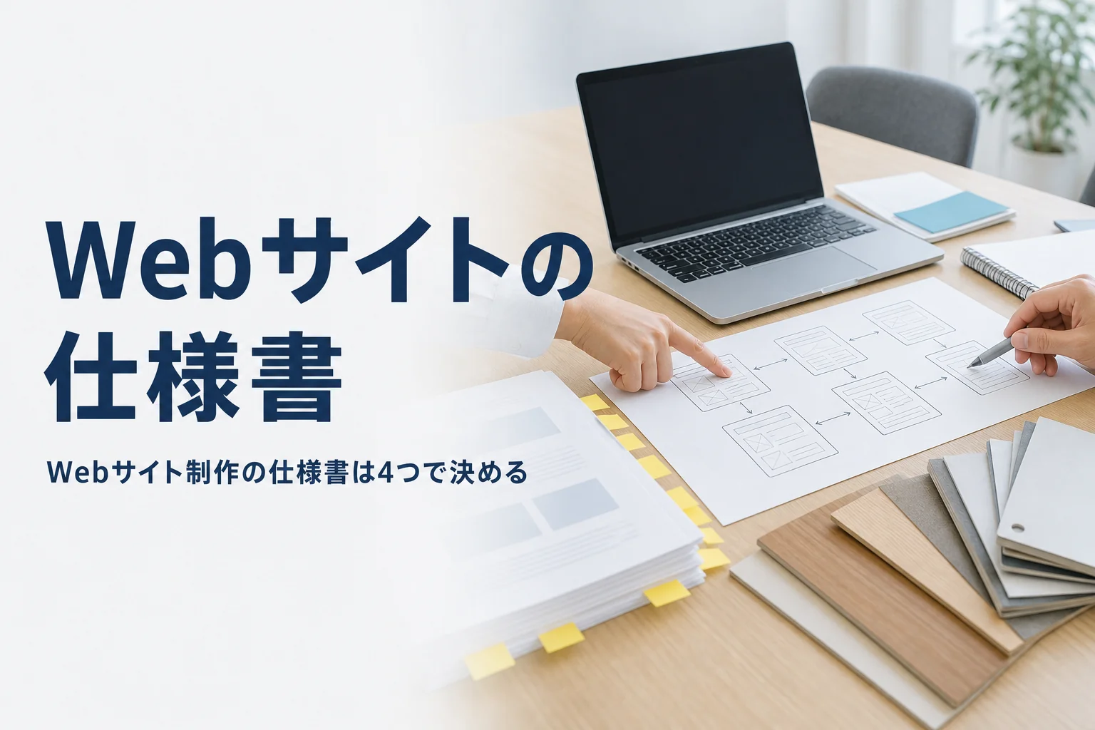 Webサイト制作の仕様書と要件定義書に書く項目を解説する記事のアイキャッチ。打合せテーブルの手描きのページ構成とノートPC