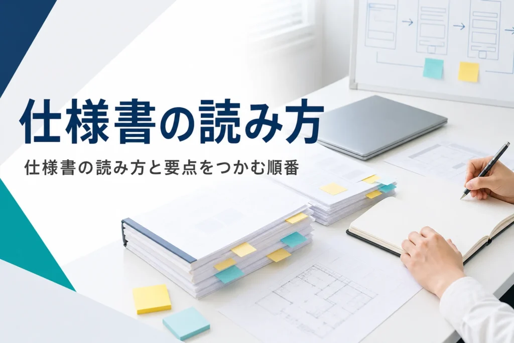 仕様書の読み方と、初めてでも要点をつかむ順番を紹介する記事のアイキャッチ。付箋を貼った仕様書とノート