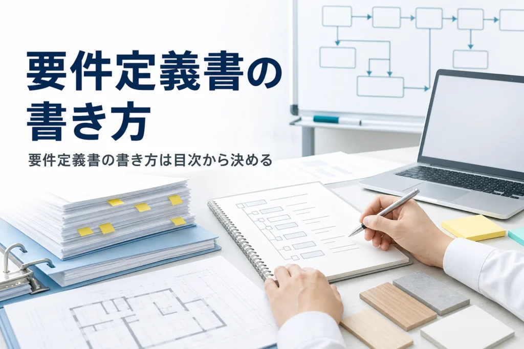 要件定義書の書き方を、目次と項目、伝わる書き方のコツに分けて解説する記事のアイキャッチ。机の書類とノートPC
