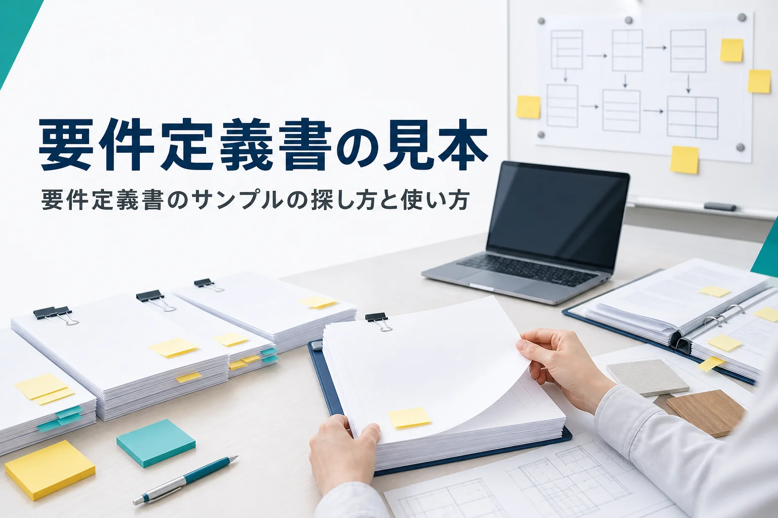 要件定義書のサンプルやテンプレートの探し方と使い方を解説する記事のアイキャッチ。机に並んだ書類の見本とノートPC
