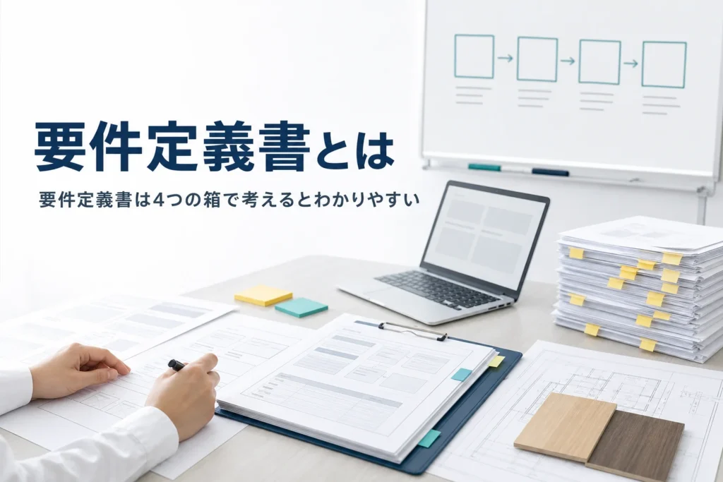 要件定義書とは何かを解説する記事のアイキャッチ。オフィスの机に広げた要件定義書とノートPC