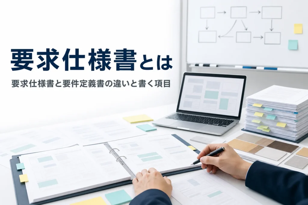 要求仕様書とは何か、要件定義書との違いと書く項目を紹介する記事のアイキャッチ。会議机の書類とノートPC