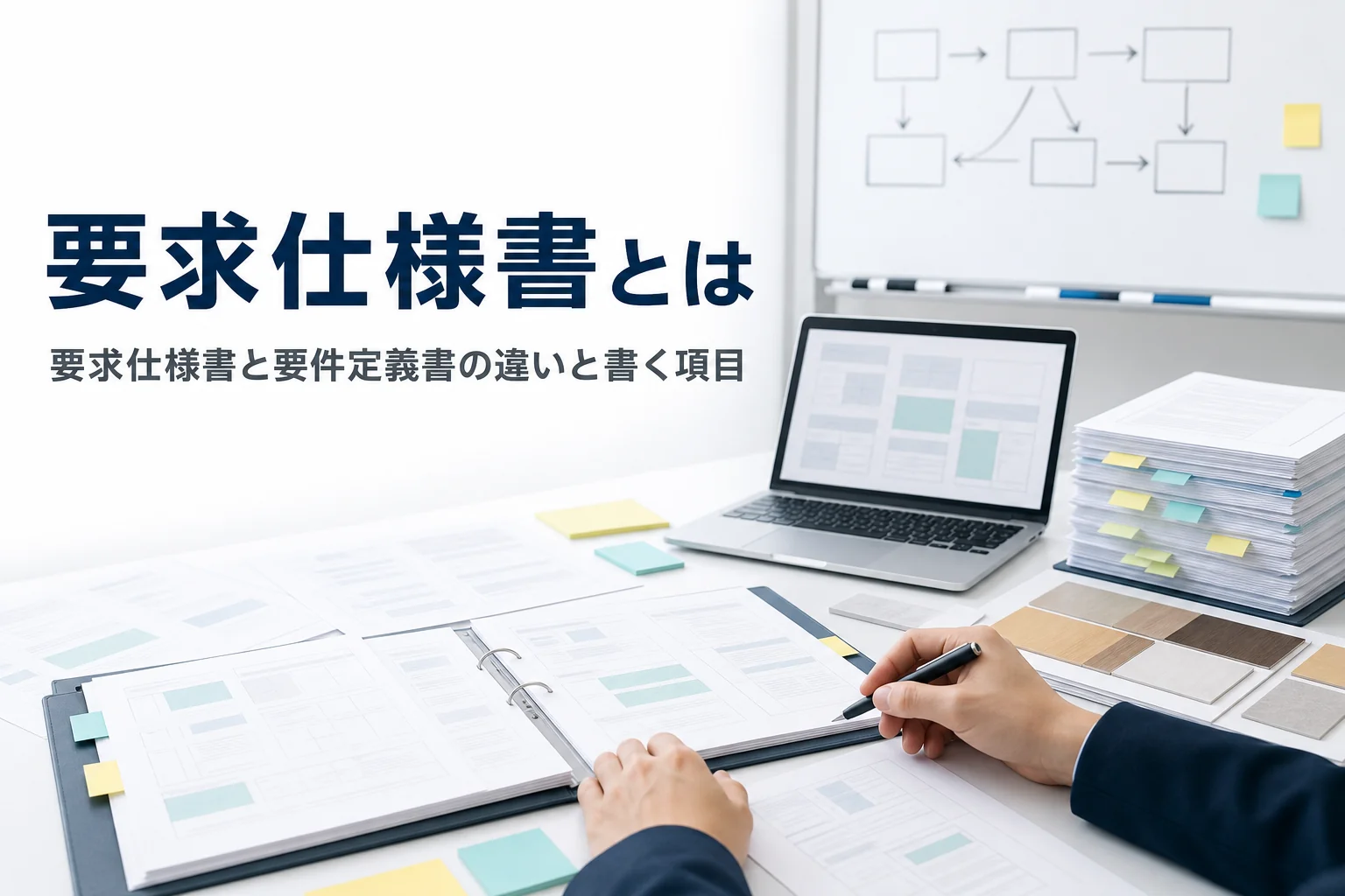 要求仕様書とは何か、要件定義書との違いと書く項目を紹介する記事のアイキャッチ。会議机の書類とノートPC